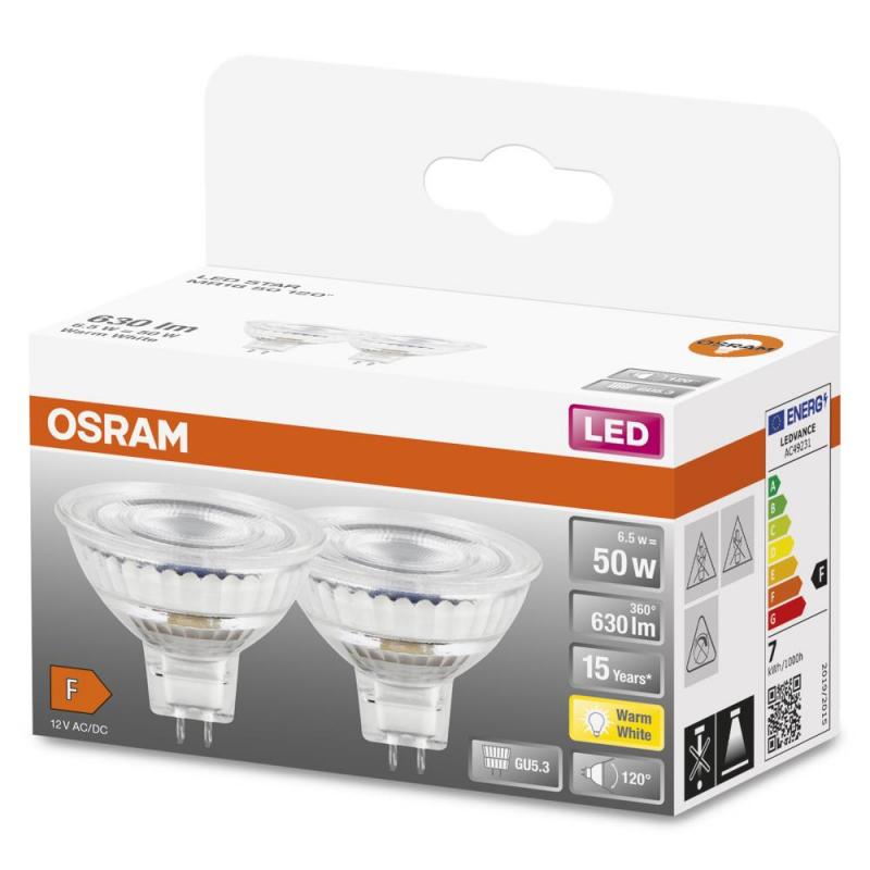 2er Pack OSRAM GU5.3 LED MR 16 Strahler Star  6,5W wie 50W 120°-Abstrahlwinkel 2700K warmweißes Licht 12V